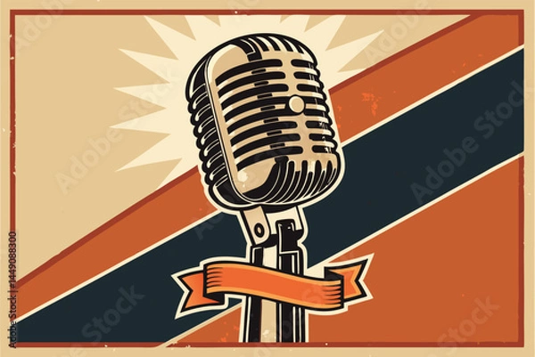 Fototapeta Design a vibrant vector illustration of a vintage karaoke poster featuring a microphone, in a retro style, emphasizing bold colors and a 1980s aesthetic.