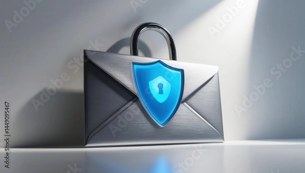 Fototapeta Cybersecurity awareness best practices concepts. A metallic envelope with a padlock handle and a blue shield, symbolizing secure email or data protection.
