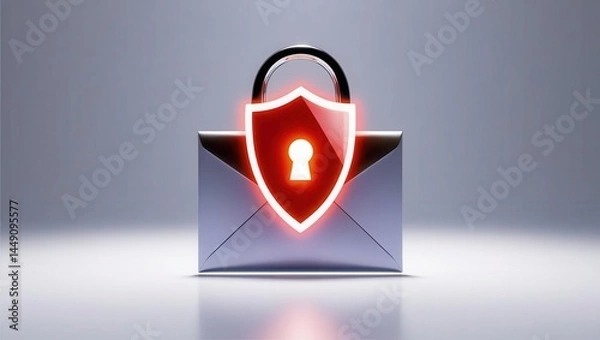 Fototapeta Cybersecurity awareness best practices concepts. A metallic envelope with a glowing red shield and padlock symbolizing secure email protection.