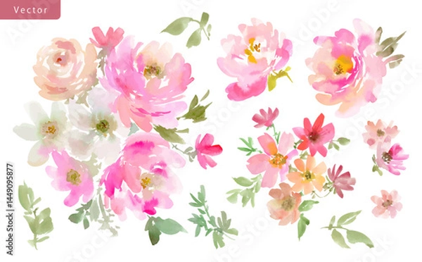 Obraz Watercolor Abstract Pink roses, peonies, Wildflowers, and Leaves Vector Illustration Set / Hand-Painted Floral clip art set for Spring and summer.