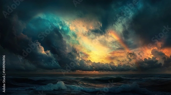 Fototapeta A breathtaking seascape at sunset featuring a dramatic sky filled with dark, billowing clouds interspersed with vibrant hues of orange, yellow, and teal. The waves of the ocean reflect the colors of t