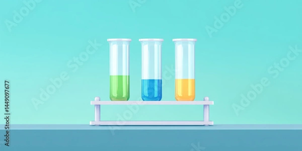 Fototapeta Test tubes with colorful liquid in rack on blue surface against turquoise background, showing green, blue, and yellow fluids in clean laboratory setting