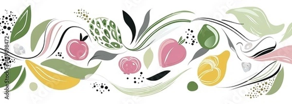 Obraz A simple vector graphic design of various fruits and vegetables in green, pink, gray, and yellow colors on a white background. The shapes should be fluid with flowing lines and organic forms