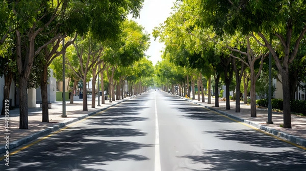 Fototapeta Empty City Street Lined With Trees On Sunny Day