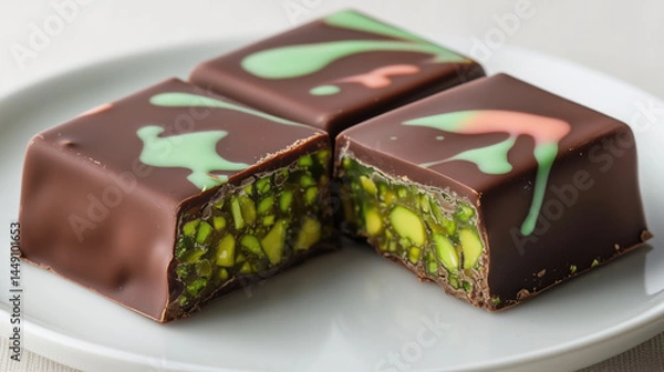 Obraz Delicate chocolate squares with pistachio filling, swirled with pastel colors