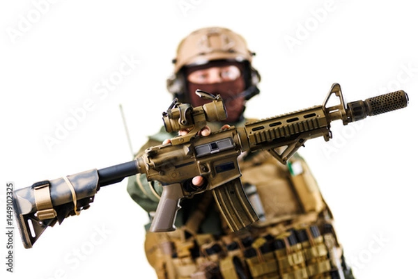 Obraz Armed Military Personnel Holding Advanced Tactical Rifle in Detailed Focus