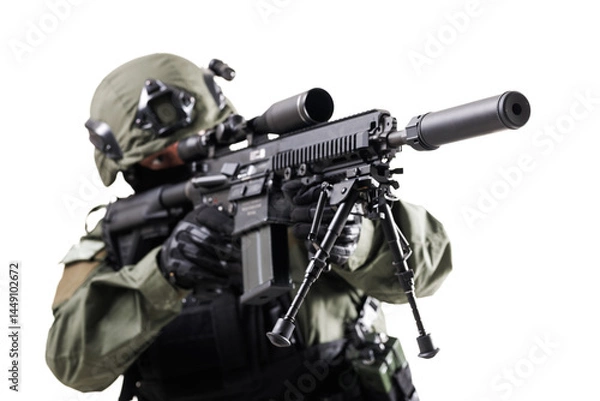 Obraz Military soldier in full tactical gear aiming advanced rifle equipped with accessories