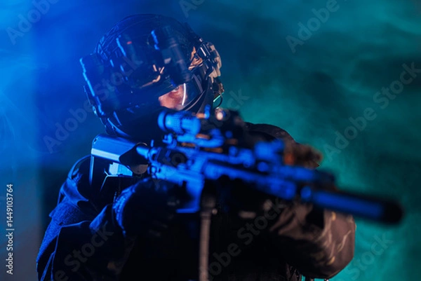 Obraz Tactical soldier aiming rifle in dark with helmet and night vision