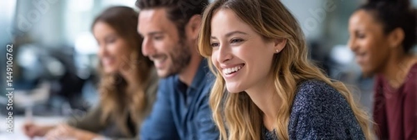 Obraz Diverse group of people laughing in a modern office setting. Possible use Stock photo for websites, blogs, and magazines