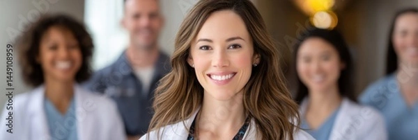 Obraz Diverse medical professionals smiling in a hospital setting; teamwork and healthcare