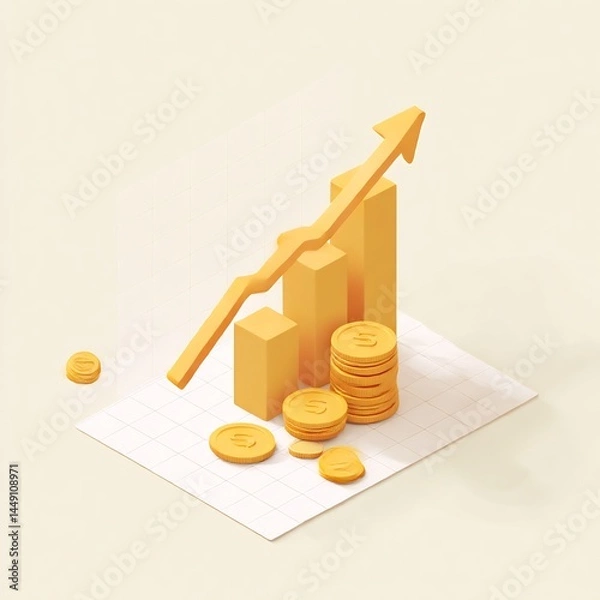 Obraz Coin stacks with rising arrow lines showing financial growth and investment success.