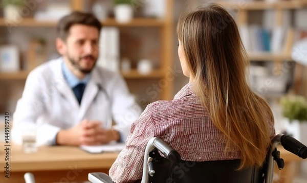 Obraz Doctor consulting with patient in wheelchair in medical office