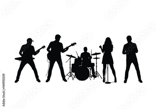 Fototapeta Music band silhouette. This image shows a silhouette of a music band with members playing guitar, bass, drums, and a singer with a microphone. Vector clipart illustration design.