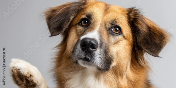 Obraz Dog, attentive, gray background, friendly, paw raised, pet portrait, use for social media