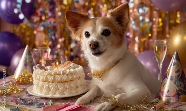 Obraz Dog celebrating birthday party with cake, festive background, possible use for pet products or birthday cards