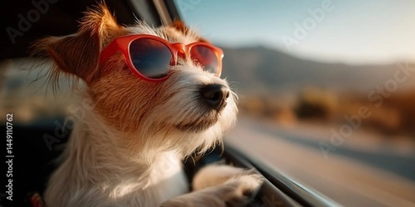 Obraz Dog in sunglasses looking out car window on road trip (1)
