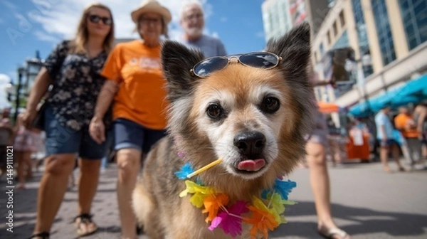 Obraz Dog wearing sunglasses walking with owners on city street, possible use in pet adoption campaign