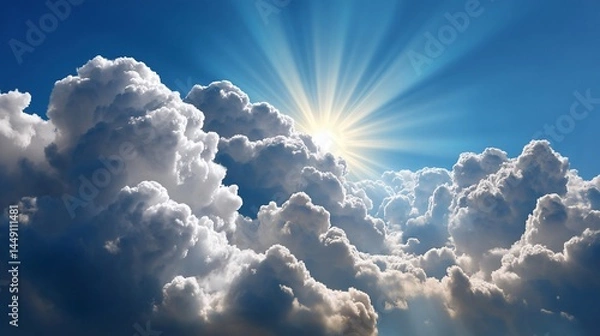 Obraz Dramatic sky filled with large puffy clouds and a bright sun shining through, perfect for a nature or weather-themed background