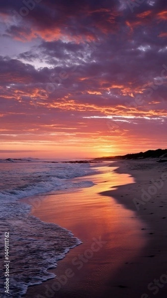 Obraz Dramatic sunset over a beach, reflecting in the water. Possible use Stock photo for nature, travel, or tourism