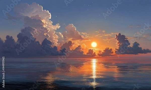 Obraz Dramatic sunset over calm ocean, featuring large clouds reflecting in the water