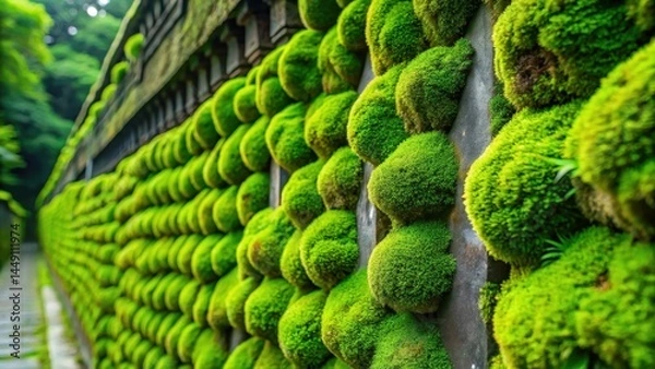 Fototapeta Lush green moss growing on a smooth inner wall with intricate patterns and subtle texture, wall decoration, organic texture