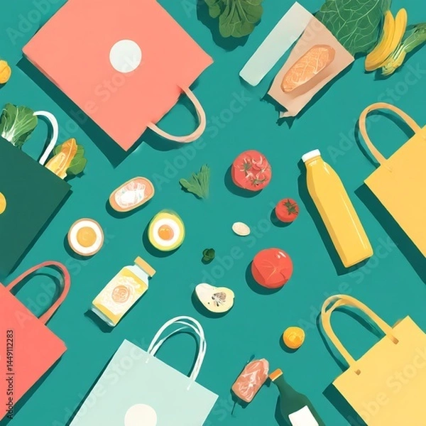 Obraz A flat lay of colorful travel and lifestyle essentials on a green surface.