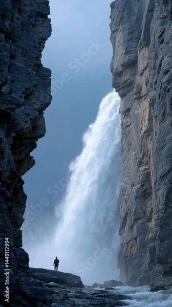Obraz Dramatic waterfall cascading between towering rock formations, person in foreground, possible use for nature photography