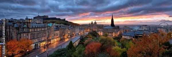 Obraz Edinburgh city skyline at sunset, autumn colors, historical buildings, panoramic view. Possible use Travel, tourism, architecture, city guide