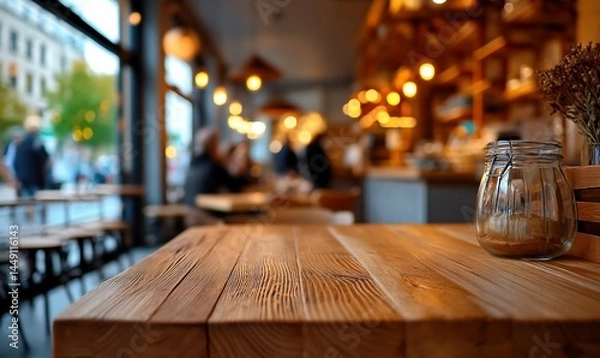 Obraz Empty wooden cafe table, blurred background of customers and interior, daytime.  Possible use stock photo for restaurant advertising, cafes, empty table