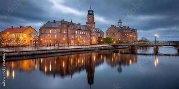 Obraz European city waterfront at twilight, illuminated buildings reflected in still water, possible use for travel brochure or tourism website