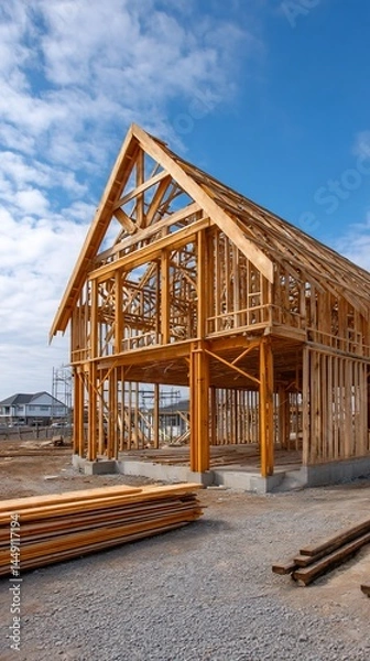 Obraz Exterior of a house under construction, wooden frame, sunny day, suburban location, for use in construction or real estate articles