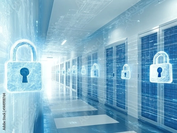 Fototapeta Secured Medical Server Room, Protecting Healthcare Data with Advanced Encryption Technology and Security Measures in a Modern Facility