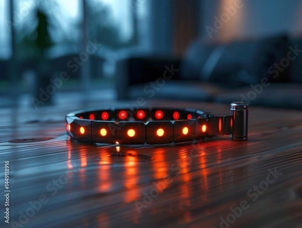 Fototapeta Sleek medical alert bracelet with glowing indicators on a wooden surface