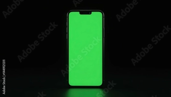 Fototapeta A high-resolution image of a modern smartphone standing upright against a solid black background. The phone screen displays a vivid, uniform green chroma key (green screen) with no blur or distortion.