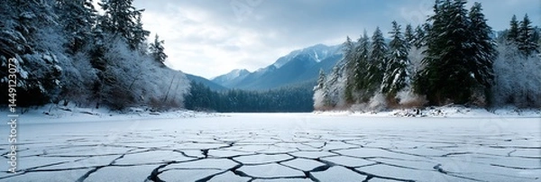 Obraz Frozen lake with snow-covered mountains and trees