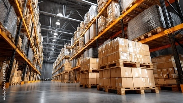 Obraz Full warehouse interior shot of stacked cardboard boxes on pallets,  showing organized storage and high ceilings. Use in articles or advertisements related to warehousing, logistics, and distribution