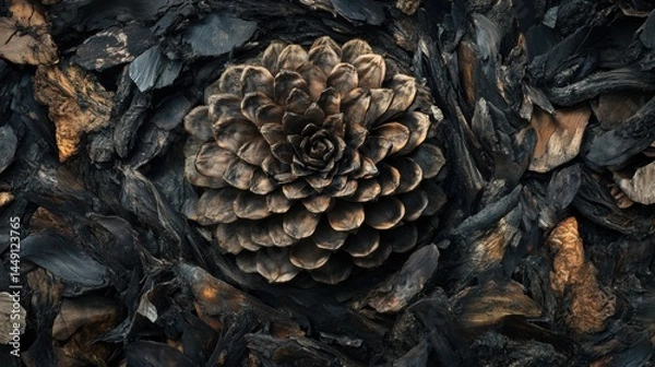 Fototapeta A close-up view of a pine cone intricately placed in the center of a dark, textured background composed of charred wood pieces and bark, creating a striking contrast between the natural colors of the 