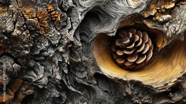 Fototapeta An intricately detailed close-up photograph of weathered bark featuring unique textures and patterns, with a pinecone nestled in a hollow opening of the wood. The contrasting colors of the dark, rugge