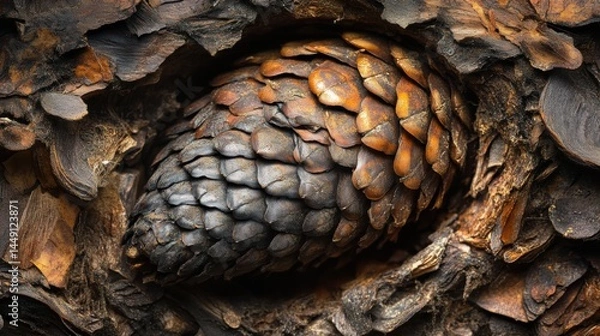 Fototapeta A close-up view of a pine cone nestled among textured, dark brown tree bark and wood shavings. The scales of the pine cone exhibit a natural gradient of colors ranging from deep brown to orange, blend