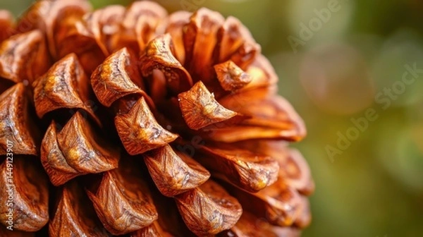 Fototapeta Close-up view of a pine cone showcasing intricate details of its scales, with a rich brown hue and a blurred green background that adds depth to the composition.