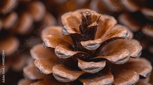 Fototapeta Close-up view of a pine cone with detailed textures and rich brown hues, emphasizing the natural beauty and intricate patterns found in its scales, set against a blurred background that enhances the f