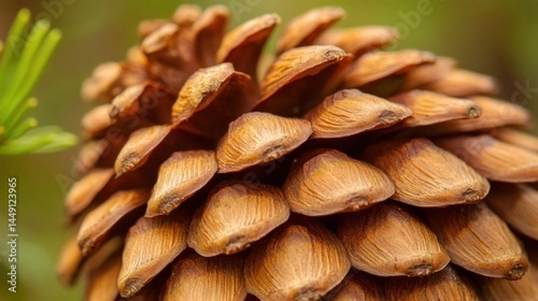 Fototapeta Close-up view of a pine cone, showcasing intricate details of the individual scales with a rich brown hue, surrounded by soft green foliage, emphasizing nature's textures and colors.