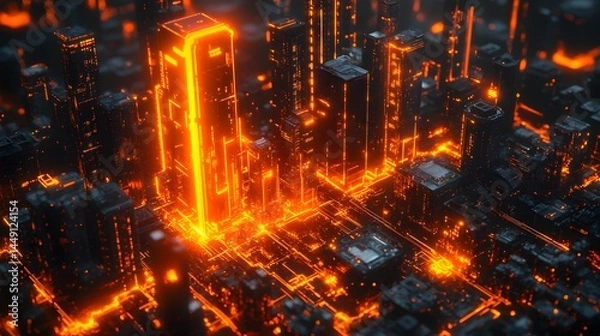 Obraz Futuristic glowing cityscape illuminated with vivid orange light trails