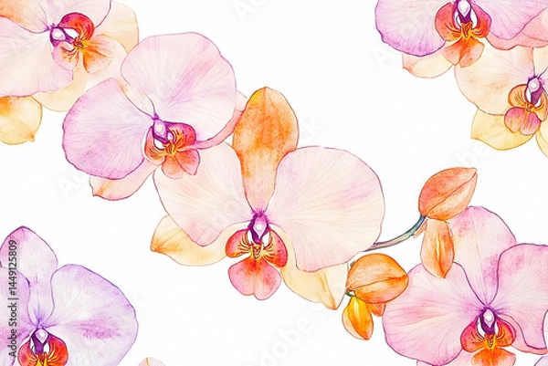 Obraz Delicate orchid blossoms in pastel hues create a seamless floral pattern.