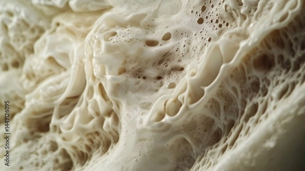 Fototapeta Close-up view of creamy, foamy texture resembling whipped cream or frothy liquid, showcasing intricate details of bubbles and organic shapes, with a soft, neutral color palette that evokes a sense of 