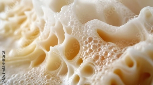 Fototapeta A close-up, macro shot of a textured surface resembling frothy, undulating waves. The creamy, off-white foam is interspersed with small bubbles, creating an intriguing pattern that evokes a sense of s