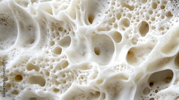 Fototapeta A close-up abstract image showcasing intricate textures and patterns of a porous, foam-like material. The surface features a myriad of bubbles and irregular cavities, displaying a soft, white color wi