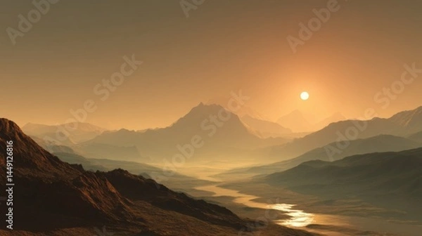 Fototapeta A breathtaking landscape depicting soaring mountains bathed in the soft glow of a setting sun, casting warm hues across the sky. Below, a winding river reflects the sunlight, enhancing the tranquil at