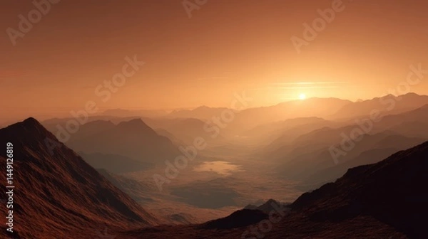Fototapeta A stunning panoramic view of a mountain landscape at sunset. The sky is painted in rich hues of orange and gold as the sun descends beyond the distant peaks, casting warm light over the rugged mountai