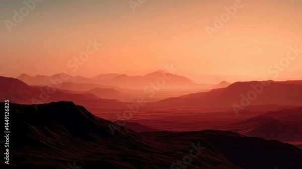 Fototapeta A breathtaking sunset landscape depicting a serene and vast mountainous terrain. The silhouette of jagged peaks stretches across the horizon, blending seamlessly into layers of soft, warm hues of oran
